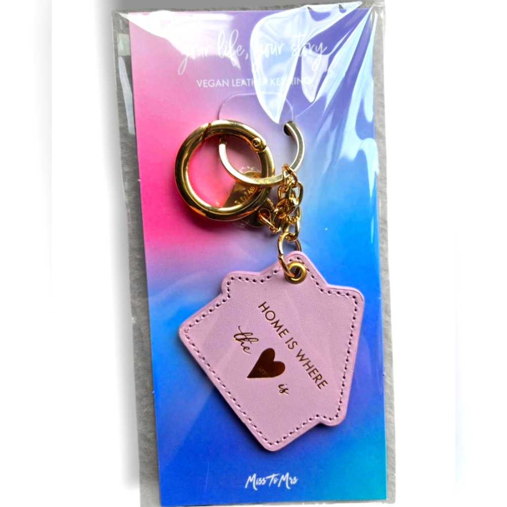 Housewarming Keychain - Vegan Leather Pink and Gold - Home is Where The Heart Is